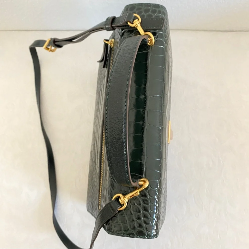 Tory Burch deep green croc 2 way bag